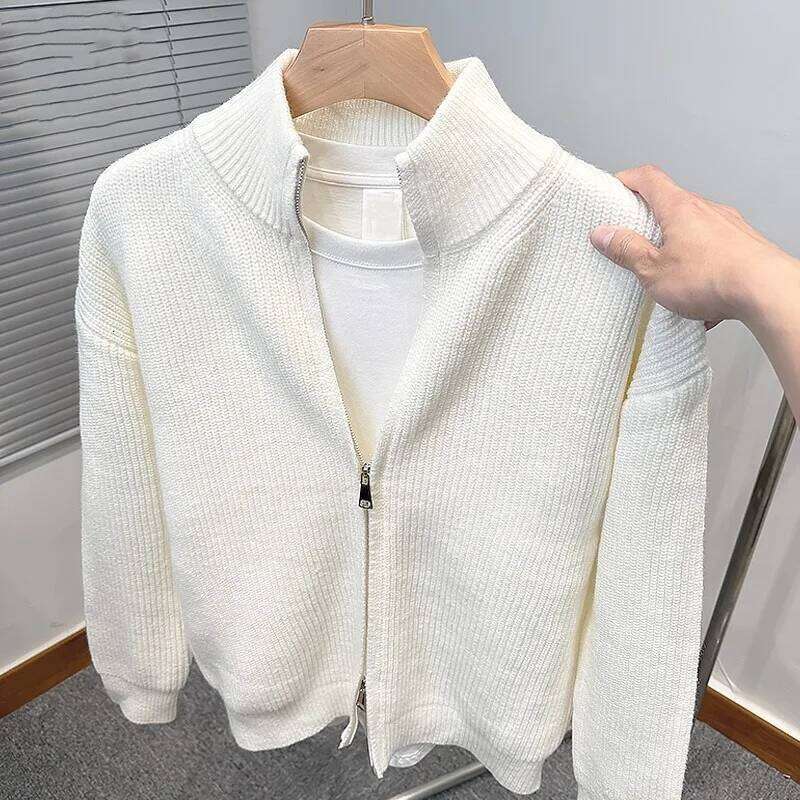 Autumn and winter versatile solid color zipper cardigan knitted popular slim fit sweater jacket men's stand up col