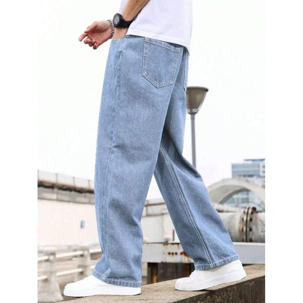 Men's Light Blue Washed Wide-Leg Jeans, Loose Straight Fit, Trendy Casual Style for All Seasons