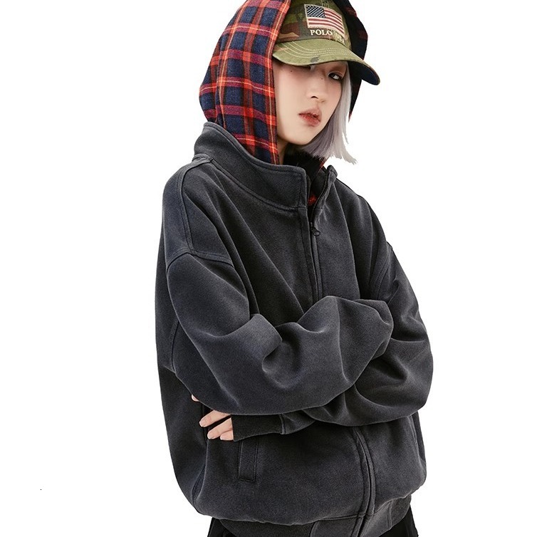 Plaid Patchwork Hooded Sweatshirt For Men And Women Vintage Designer Hoodie Trendy High Street Style Faux Two-piece Cardigan Cleanfit Jacket