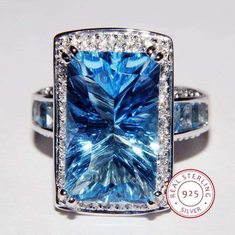 Sparkling Marine Blue Imitation Crystal Gemstone Full Diamond Ring Haute Banqueting Ladies 925 Sterling Silver Fashion Jewelry H260312