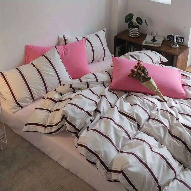 Bed Linen Sheets Duvet Cover Comforter Vintage Red Blue Washed Cotton Striped Four-piece Set A Laid-back Japanese Style H260312