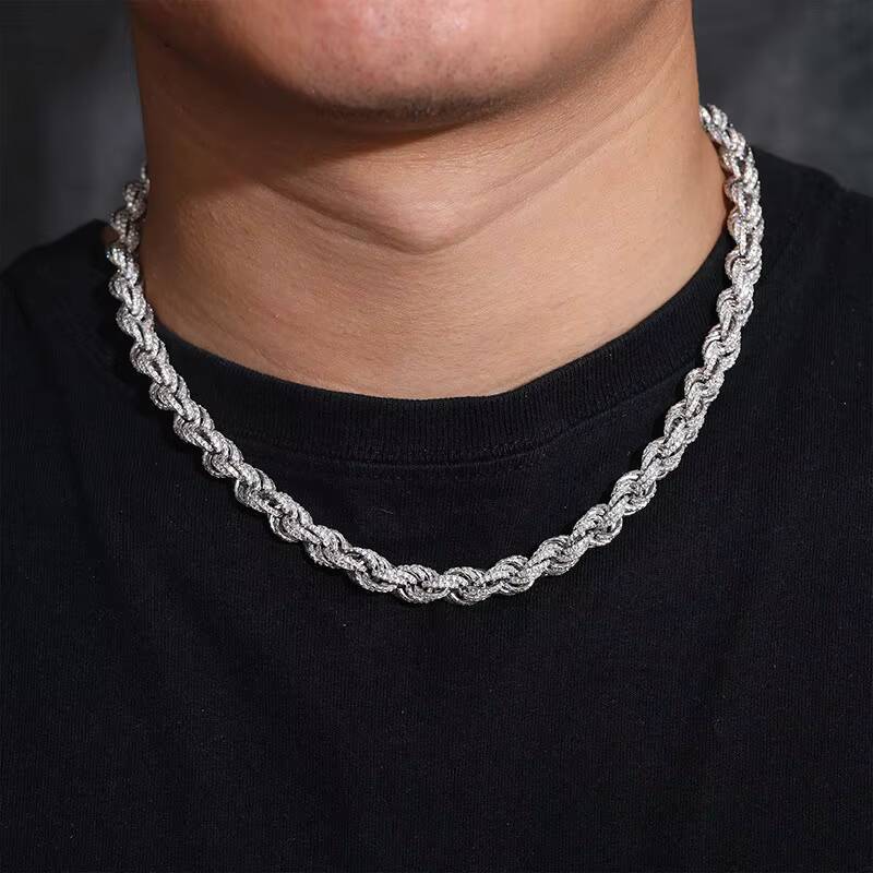 High Quality S925 Silver 8mm VVS D Color Moissanite Iced Tennis Necklace Hip Hop Cuban Link Rope Chain Fine Chains for Men Women