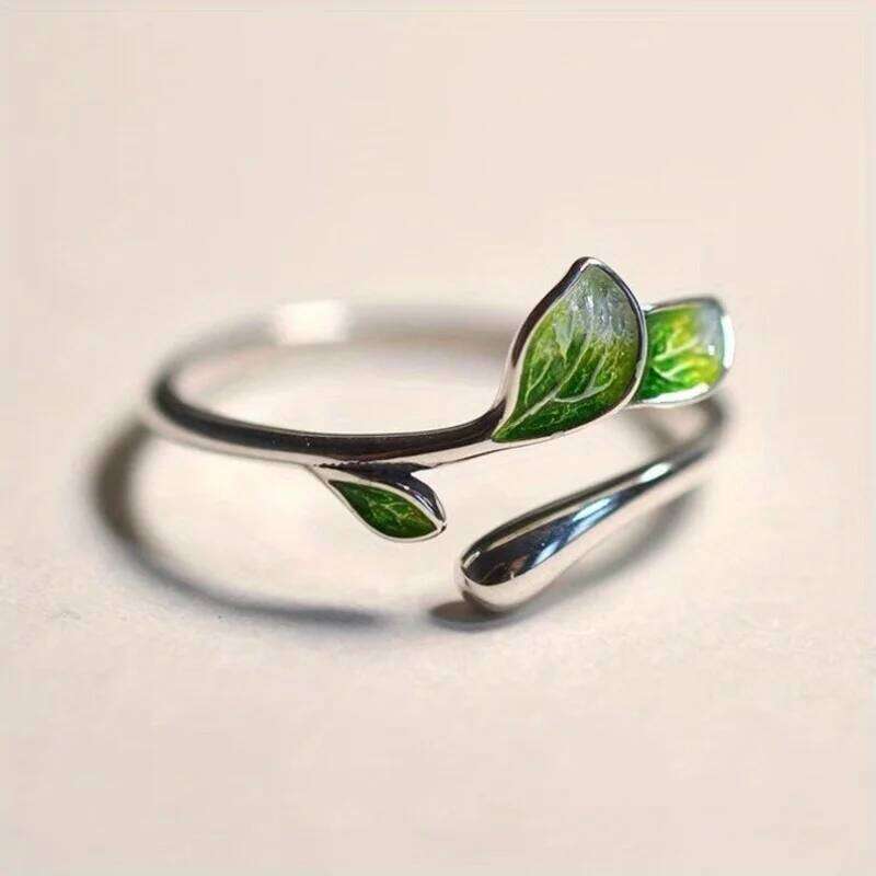 Green Enamel Leaf Adjustable Oil Drop Open Women's Ring for Ladies Personality Daily Holiday Party Jewelry Accessories H260312