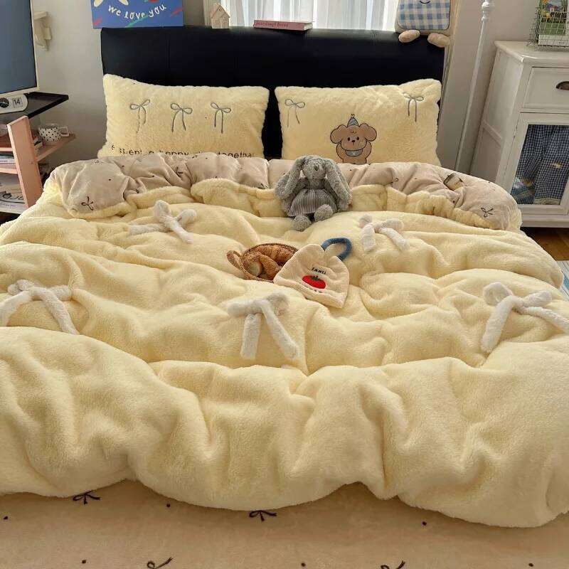 2025 winter new soft rabbit four-piece set three-dimensional bow thickened warm milk fleece duvet cover dormitory H260312