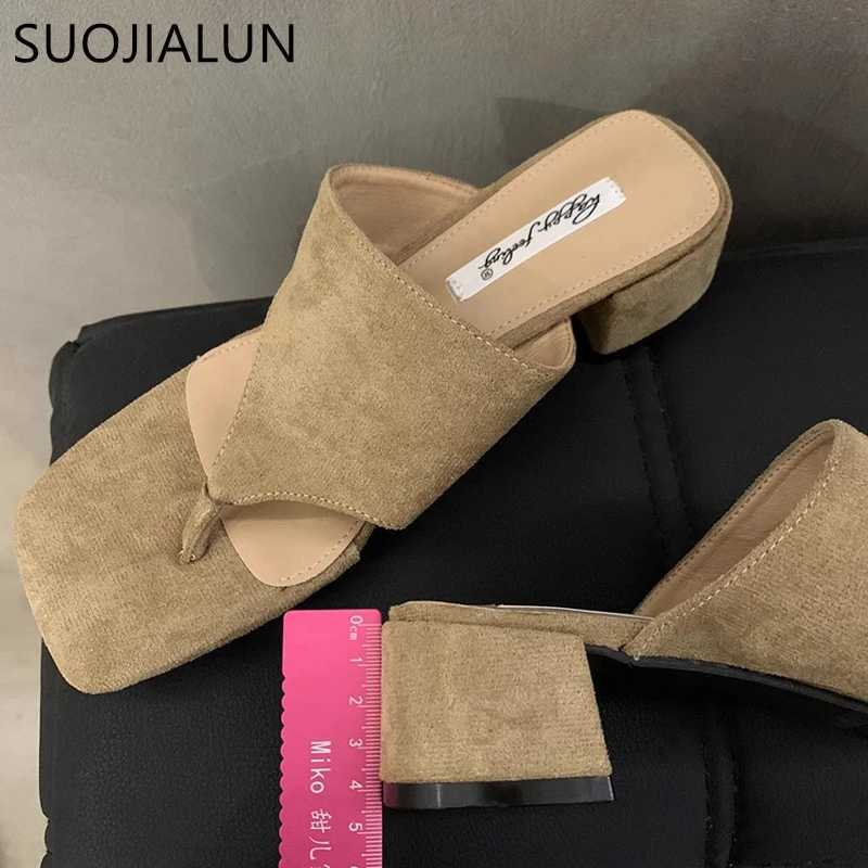 SUOJIALUN 2024 Summer New Women Slipper Fashion Med Square Heel Outdoor Slides Shoes Ladies Casual Vaction Flip Flops Sand K260312