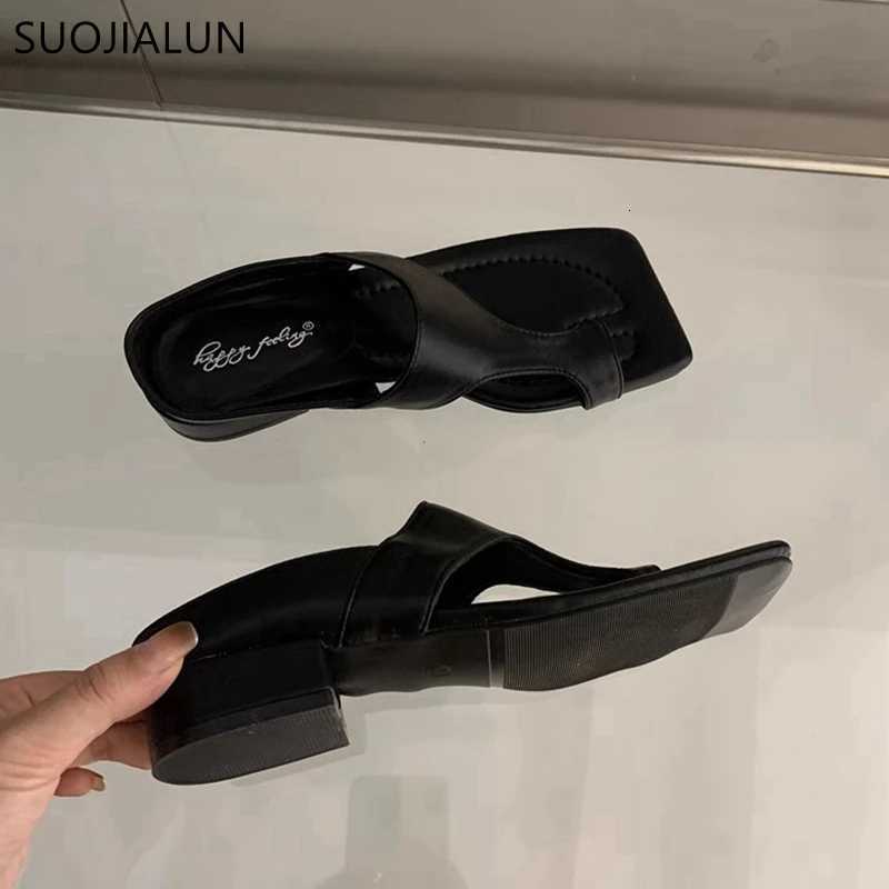 SUOJIALUN 2024 Summer New Women Slipper Fashion Gold Ladies Elegant Slides Square Low Heel Dress Casual Flip Flops Shoes K260312