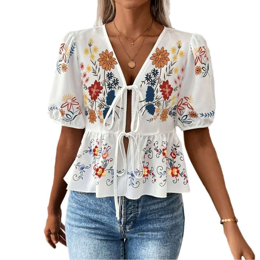 2025 New Fashion Women's Printed V-Neck Tie-Front Short Shirt, Summer Ruffle Blouse Asia Size