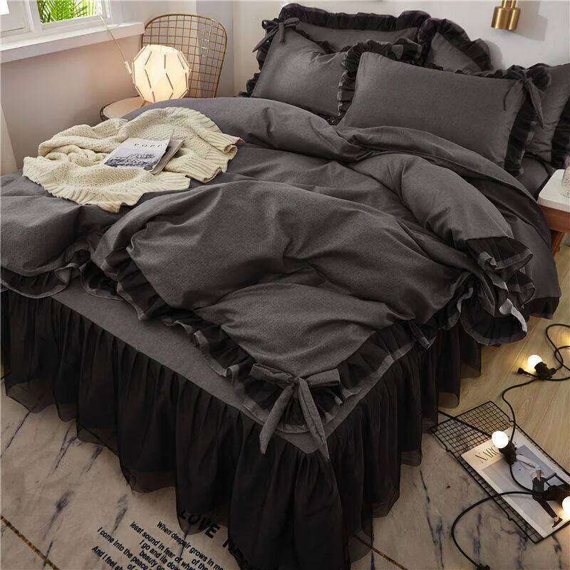 Black Princess Bedding Sets Kawaii Bed Skirt Sheet Pillowcase Fashion Girl Duvet Cover 4 Pieces Home Decoration H260312
