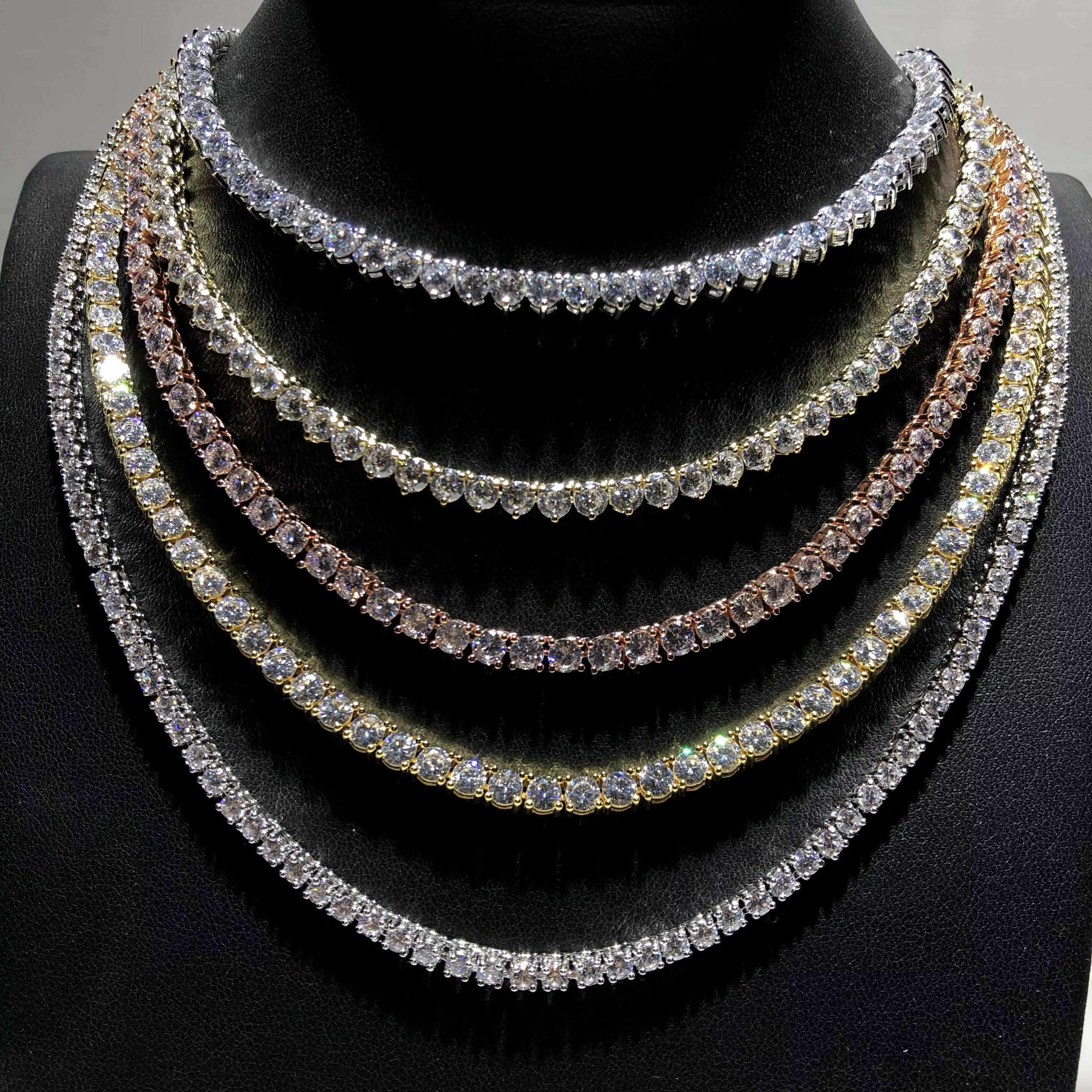 Ice Out Hip Pop 3 Prong Tennis Chain 4mm Width Tennis Chain Necklace Wholesale Jewelry Hip Hop Tennis Necklace