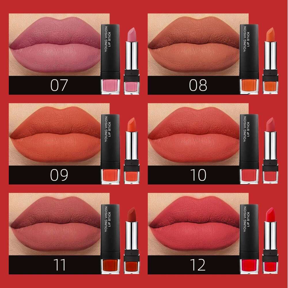 YOUNG VISION 12-Color Velvet Long-Lasting Nude Waterproof Matte Non-Transfer Lipstick Women's Cosmetics Makeup W260311