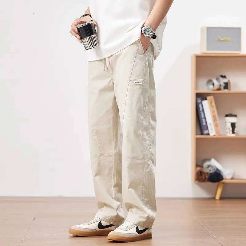 Beige for Men Spring and Autumn Cotton Trendy Versatile Straight Casual Pants American Loose Fashion Trousers