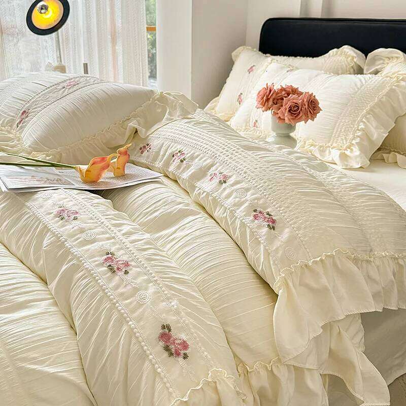 Korean Princess Style Lace Ruffles Wedding Bedding Seersucker Washed Cotton Soft Duvet Cover Set Bed Sheet Pillowcase 3/4Pcs H260312
