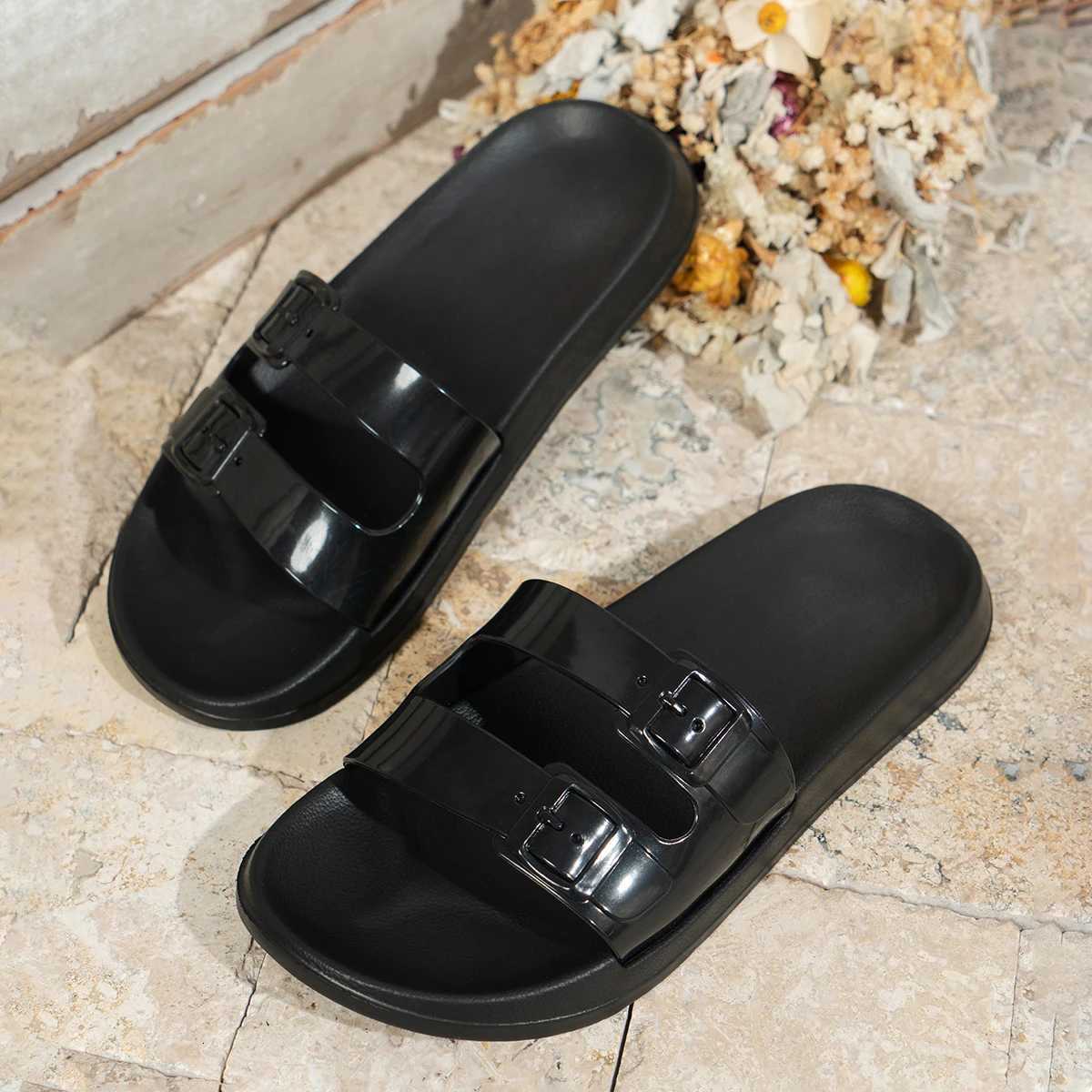 Women Summer Double Strap round Head Flat Sandals Slippers for Home Indoor Wear Comfortable Slip-On Slippers K260312