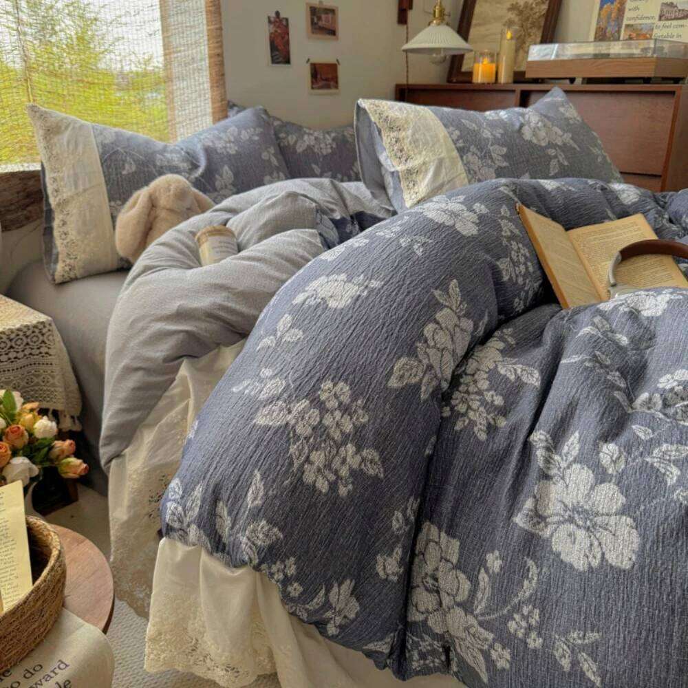 French Retro Printed Ruffled Four-Piece Comfortable Bedroom Decor Bedding Set Duvet Cover Bed Sheet Pillowcase Home Textiles H260312