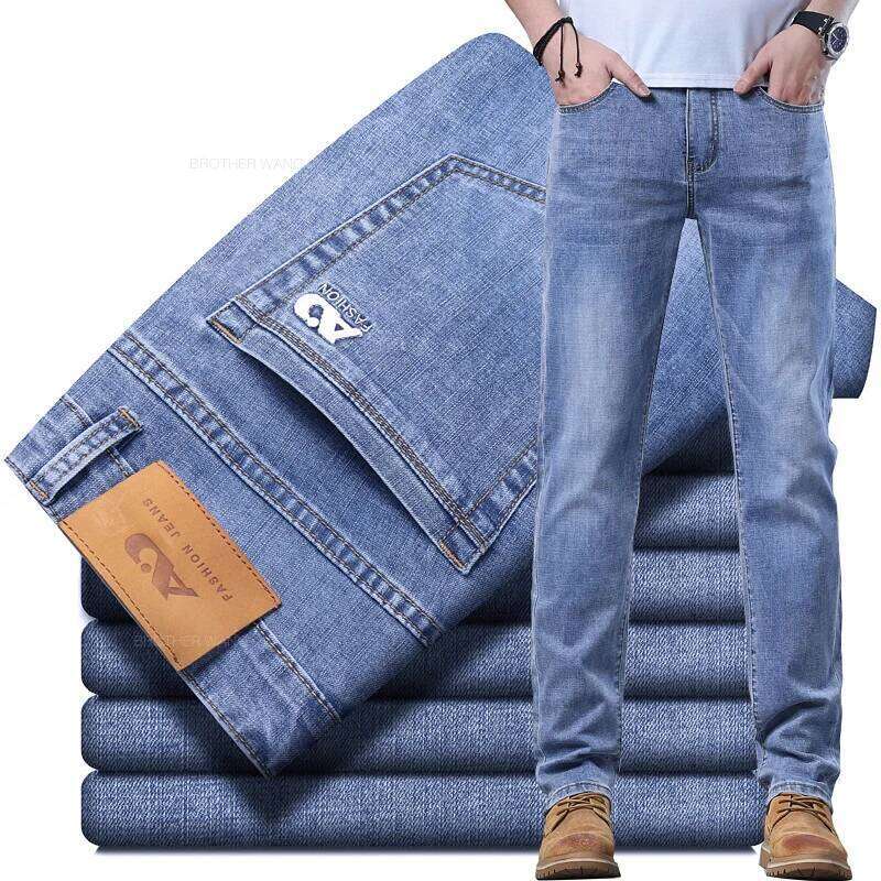 Spring Men's Light Blue Slim Jeans Stylish Casual Stretch Fabric Denim Pants Classic Trousers Smoke Gray 26Y0312