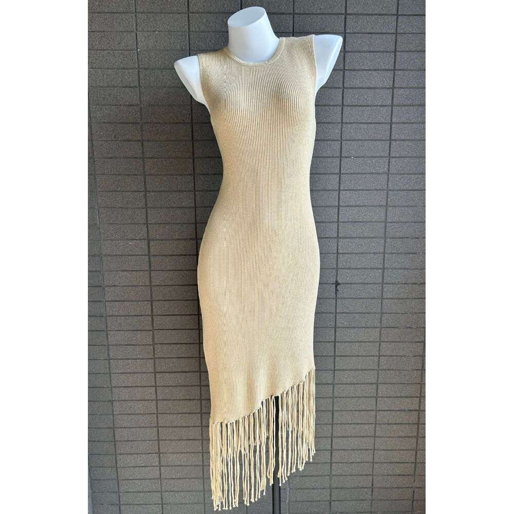 2026 Spring and Summer New Fashionable, Elegant, Simple, a20 Gold Thread Tassel Waist, Slimming, Sexy Knitted Tank Top Dress