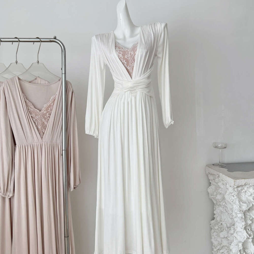 2026 French elegant and sexy V-neck lace patchwork long A17 sleeved dress with fashionable twisted design and waistband effect