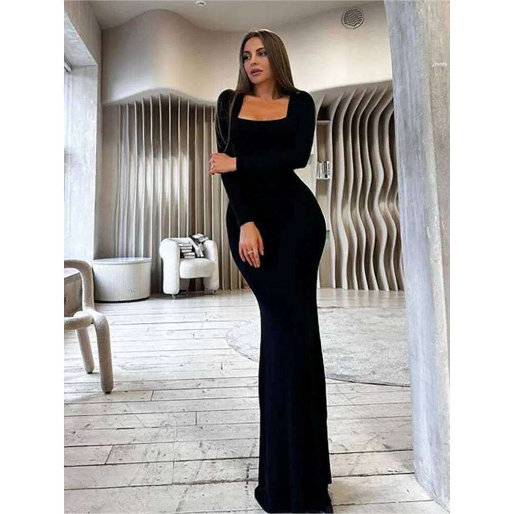 Sexy Black Slim Dresses Women Long Sleeve Square Collar Low Cut Package Hip Bodycon Maxi Dress Fashion Party Club Vestidos C260312