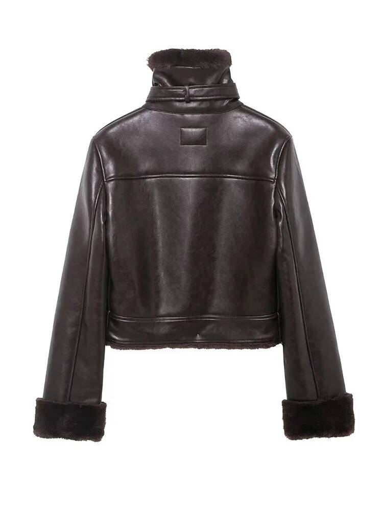 HH Women Chic Reversible Faux Fur Jacket Woman Fashion High Collar Single Breasted Pocket Decorated Long Sleeve Warm Winter Coat