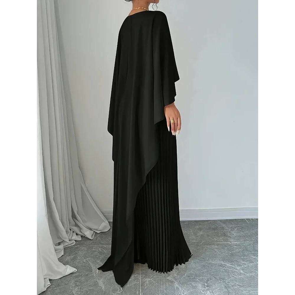 Spring Summer Elegant Crew Neck Pleated Dresses Women Casual Solid Loose Long Cloak Sleeves Ruffle Maxi Dress Vestidos C260311