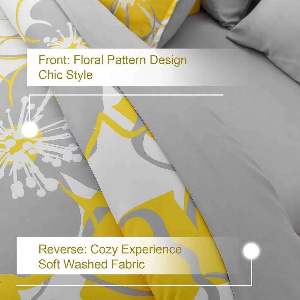 Queen Size Yellow Floral Comforter Set, Reversible in a Bag with All Season Sheets, Soft Microfiber Flower Pattern Duvet Bed