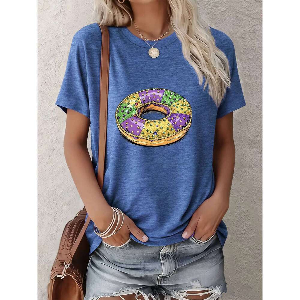 Women's Mardi Gras Short-Sleeve Tee Cartoon Carnival Food Prints For Casual Outings/Gatherings/Gifts | Multi-Color Options Z260312