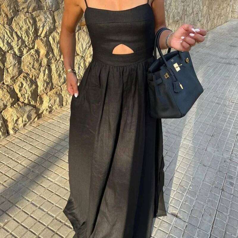 Loose Sexy Elegant Solid Color Summer Sleeveless Spaghetti Strap Hollow Out Ankle Length Dress Pockets Side Slit Women's clo C260312