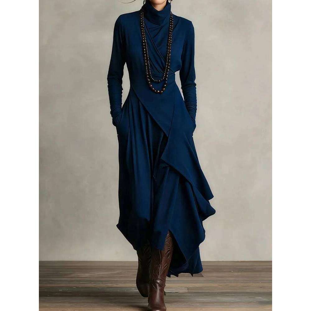 Spring Autumn Long Sleeve Solid Party Women Holiday Turtleneck Simple Irregular Dress, New Fashion Patchwork Ladies Dress C260312