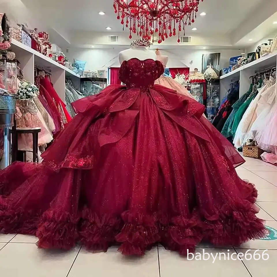 Burgundy Off The Shoulder Ruffles Bow Quinceanera Dresses Ball Gown Appliques Lace Sweet 15 Anos Mexican Customized