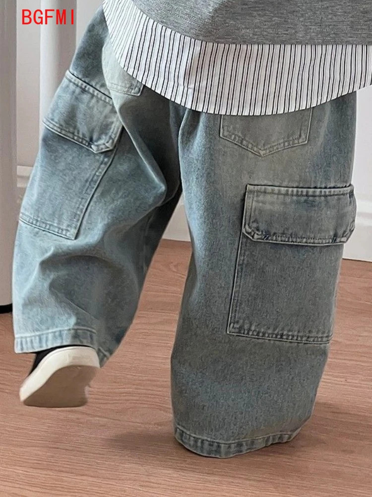 Korean Childrens Jeans Loose Straight Pants Wide Leg Cargo for Boys Girls Spring Autumn Kids Denim Pocket Trousers 260311