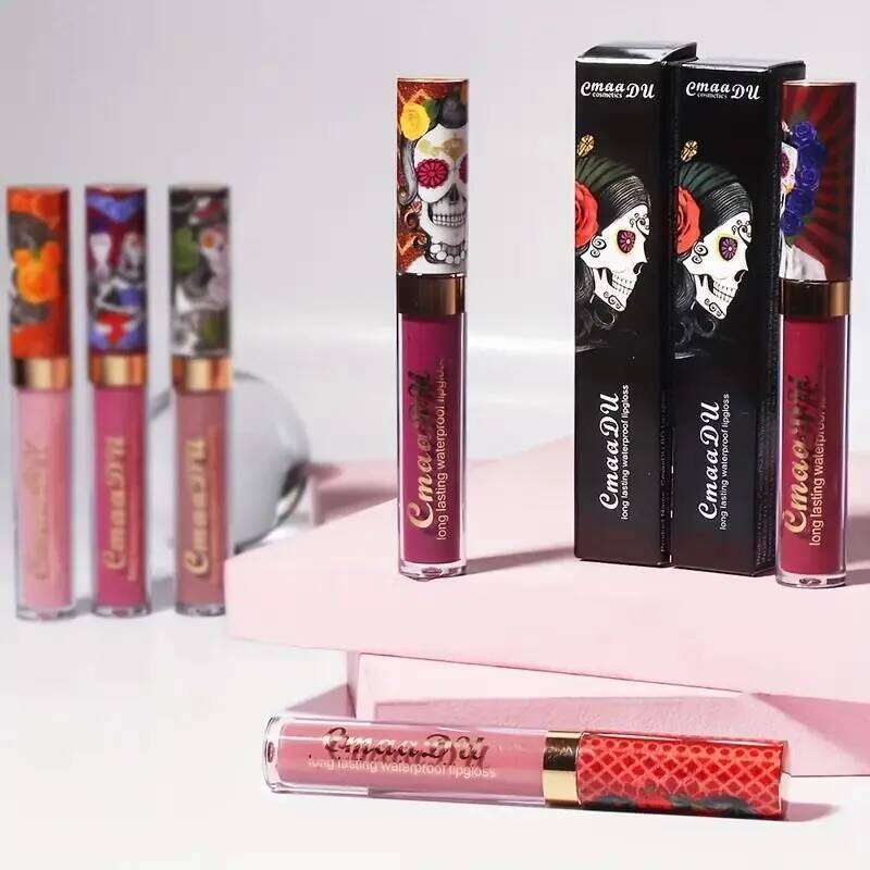 1pcs Matte Lip Gloss Long-Lasting, Waterproof, Non-Fading, for All Skin Types - Vibrant Red Shades with Floral & Skull Designs W260311