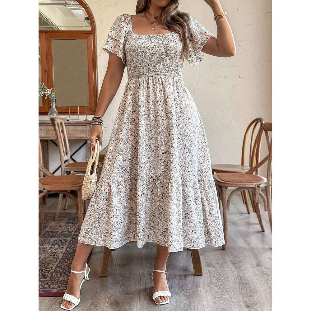 plus Size Romantic Floral Print Square Neck Elastic Waist A-Line Hem Sleeve Long for Women Holiday Casual Dress C260311