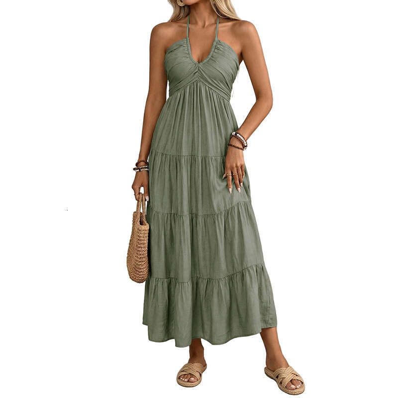 Cross-border European and American 2026 new summer casual ruched backless halter neck strap dress women's clothing