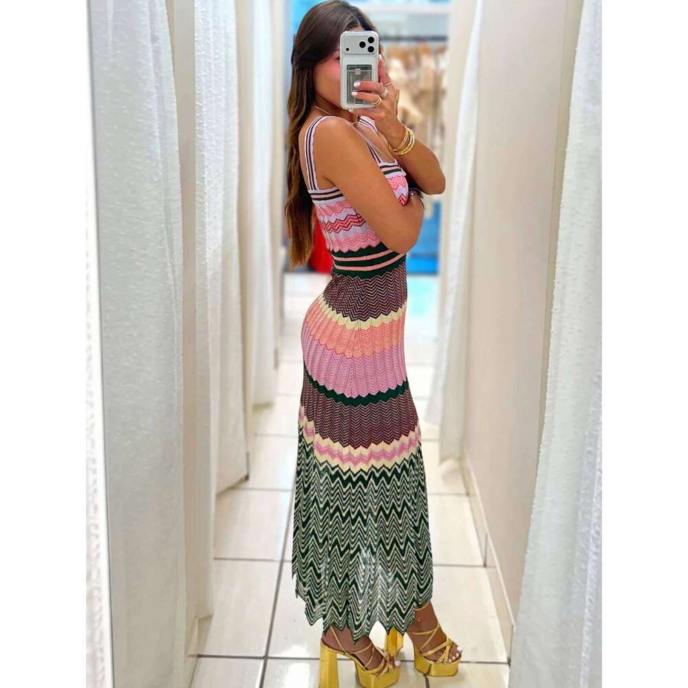 Popular Arab Pink Knit Zigzag Luxury Brand Design Dress For Woman High Quality Africa Bohemia Zig Zag Long Skirt Clothes C260312