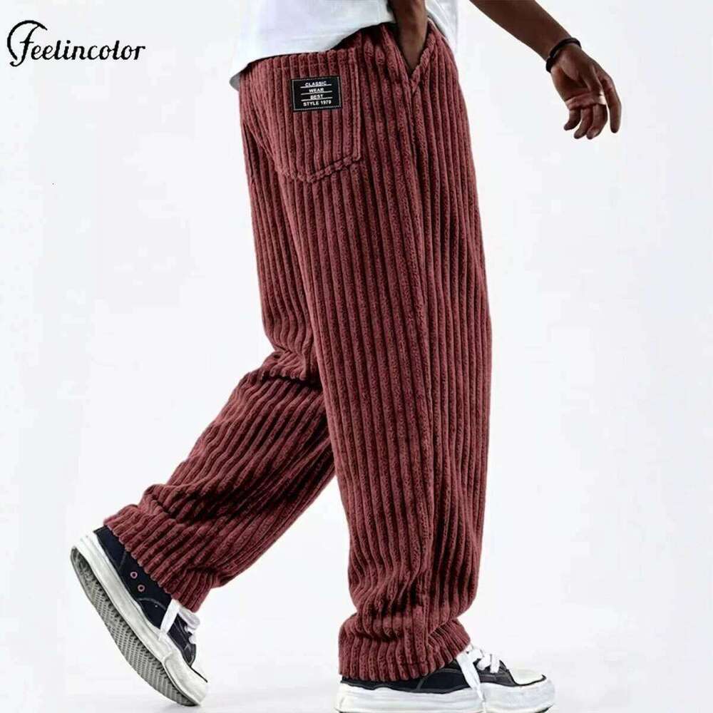 Retro Vertical Striped Men's Pants Corduroy Autumn Casual Pocket Trousers Loose Straight Bottoms Fashion Sports Male Clothing