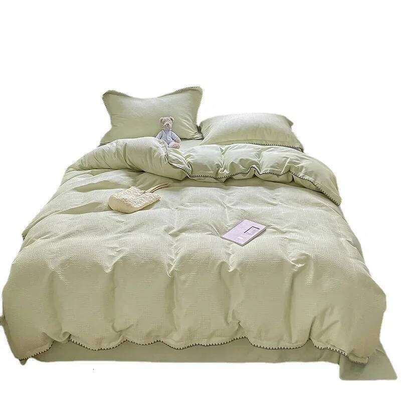Class A Waffle Jacquard Four Piece Set with 100 Thread Count Washed Pure Cotton Bed Sheet and Quilt Cover H260312