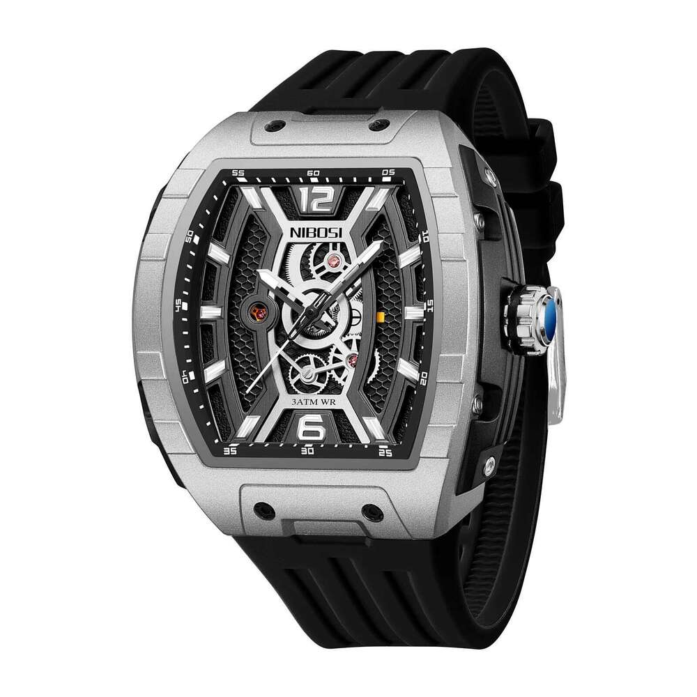 NIBOSI Analog Skeleton for Men Fashion Luxury Automatic Quartz Black Watches with Silicone Strap Luminous Reloj Hombre