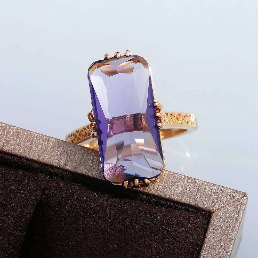 Huitan Purple Stone Rings Women Vintage Party Elegant Lady's Ring Birthday Anniversary Gift Exaggerated Female Fashion Jewelry H260312