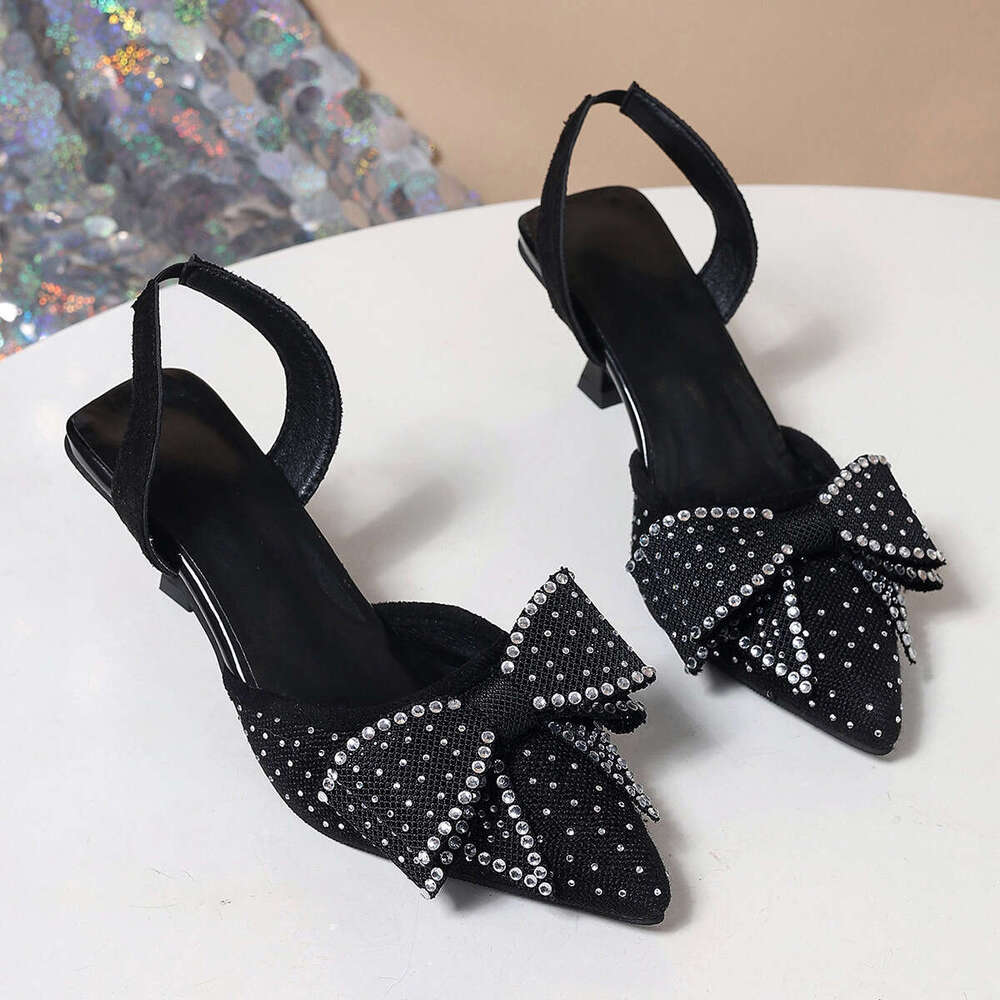 Petite Elegant Rhinestone Pointed Toe Bow High Heels Women Summer New Thin Heel Export Closed-Toe Sandals Size 43