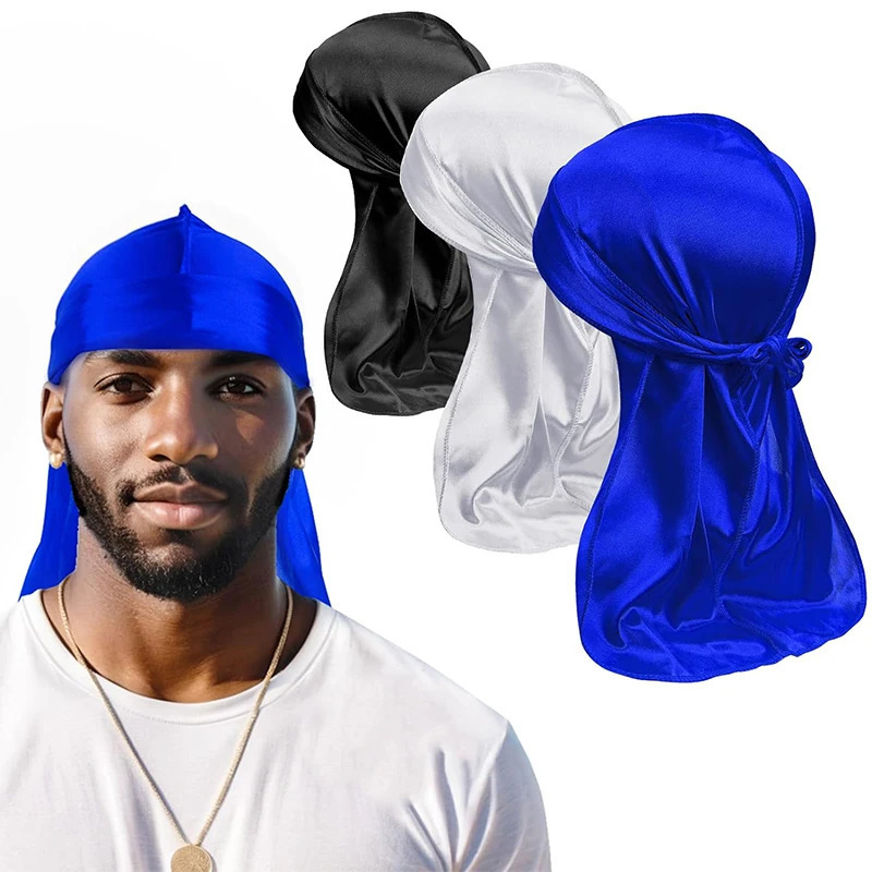 3PCS/LOT Mens Silky Durag Shower Cap Bandana Satin Du Rag Doo Rag Outdoor Travel Street Long Tail Wave Cap Bathroom Accessories 260304