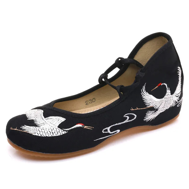 Veowalk Crane Embroidered Women Canvas Lace Strap Ballet Flats Ladies Comfortable Casual Cotton Fabric Shoes 260227