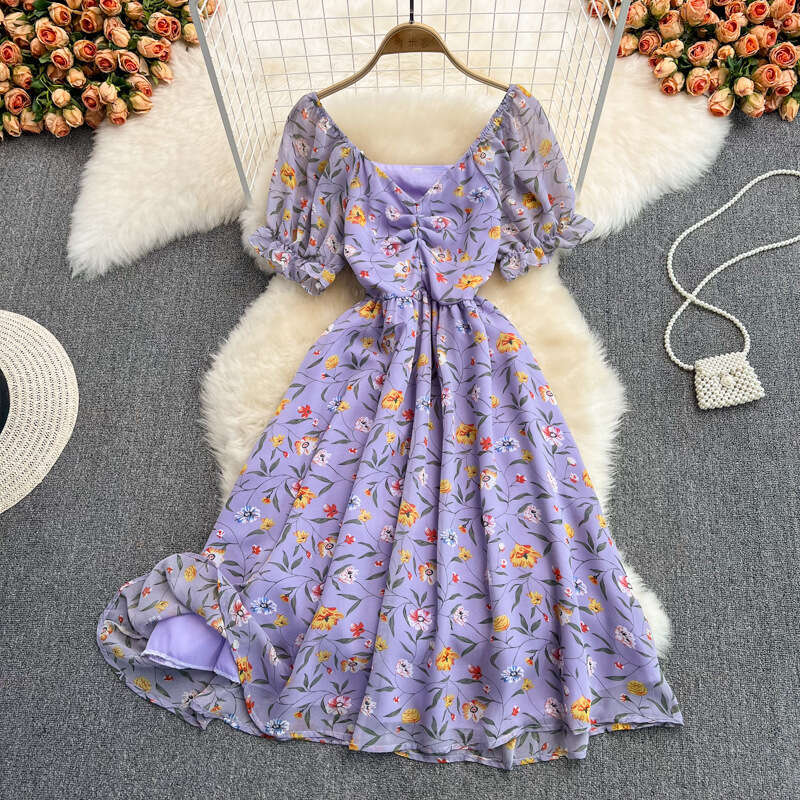 Summer new gentle and a18 elegant mid waist V-neck floral chiffon dress, super fairy like first love orange tone