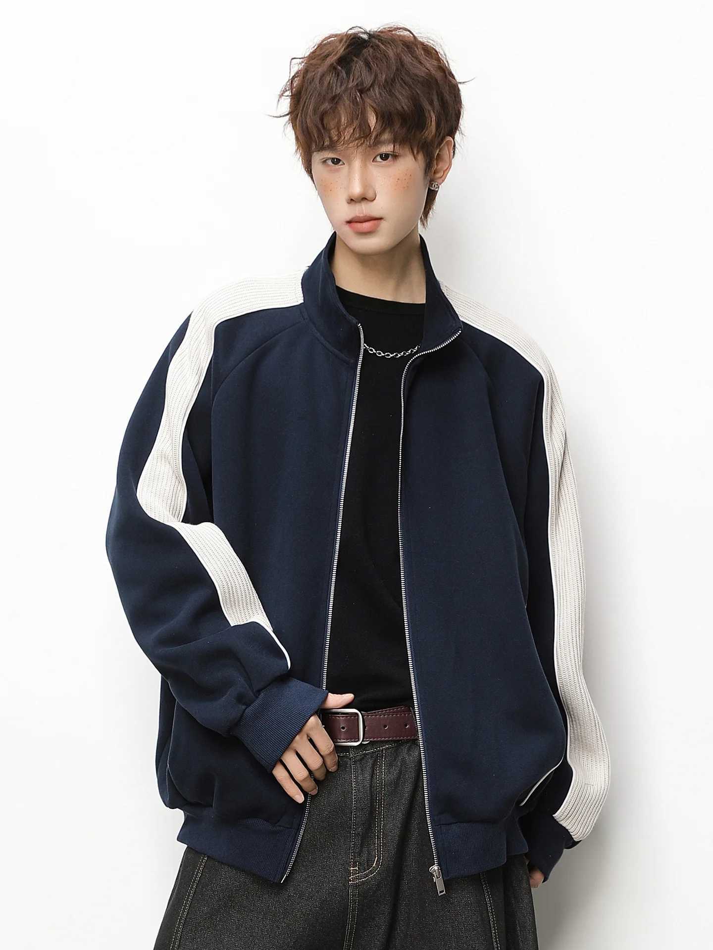 Clashing Colour Patchwork Cardigan Hoodie Mens Stand Collar Jacket Zip-Up Casual Outerwear Soft and Versatile M260312