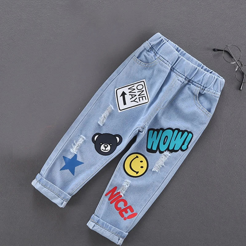 Spring Autumn Children Jeans Boys Cotton Print Splice Stretch Denim Pants Korean Teenage Trousers Wear Kids ClothingDenimRipped 260311