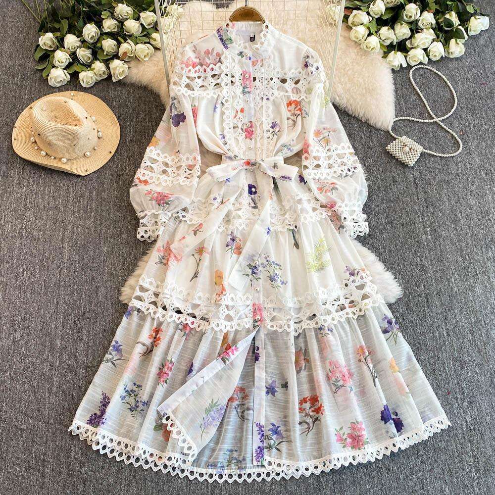 Ethnic style waist cinching slimming hollow elegant long sleeved women's autumn and winter A17 French fashion stunning printed dress
