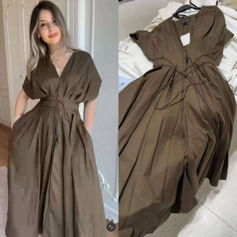 ETJ Summer 2025 women's elegant party Vintage V-neck fashion pleated lace-up MIDI poplin dress C260311