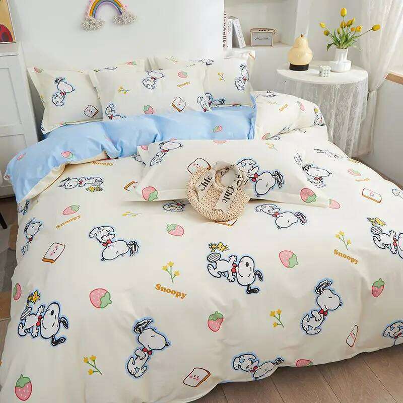 Genuine Snoopy 100% 4pcs Children's Cotton Washed Quilt Cover Bed Sheet Pillowcase 3pcs Set H260312