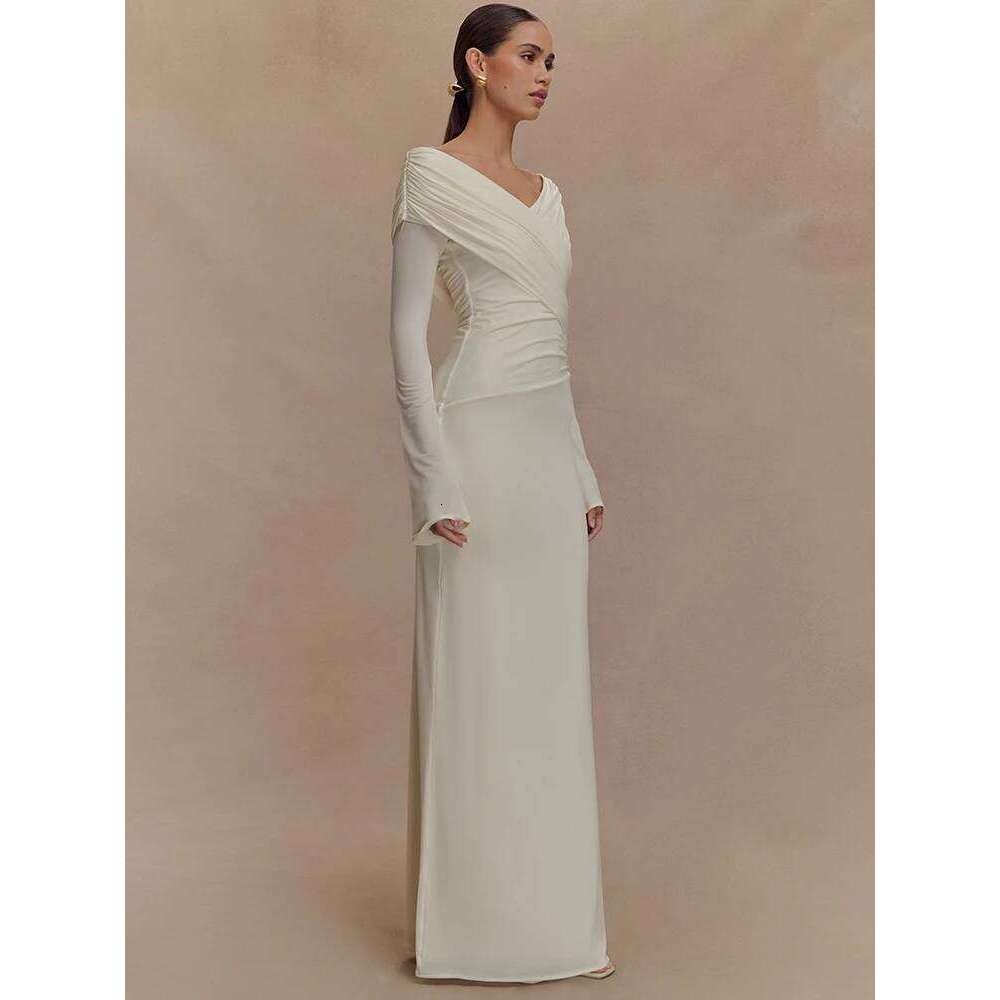Mozision Autumn V Neck Sleeve Sexy Maxi Dress For Women Gown Fashion Solid High Waist Ruched Bodycon Club Long Dresses C260311