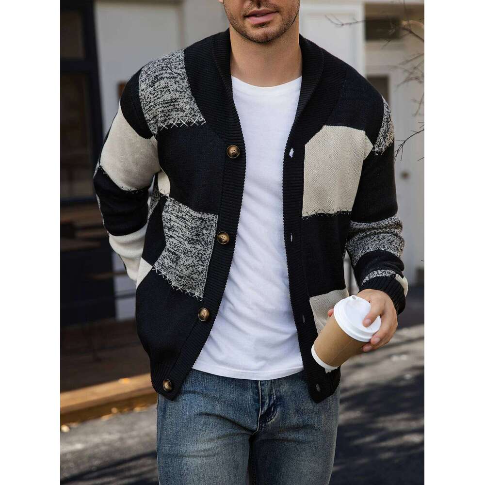 Men's Autumn Winter Cardigan Sweater, Black-White-Gray Plaid Color Block, Casual and Versatile Knitted Jacket