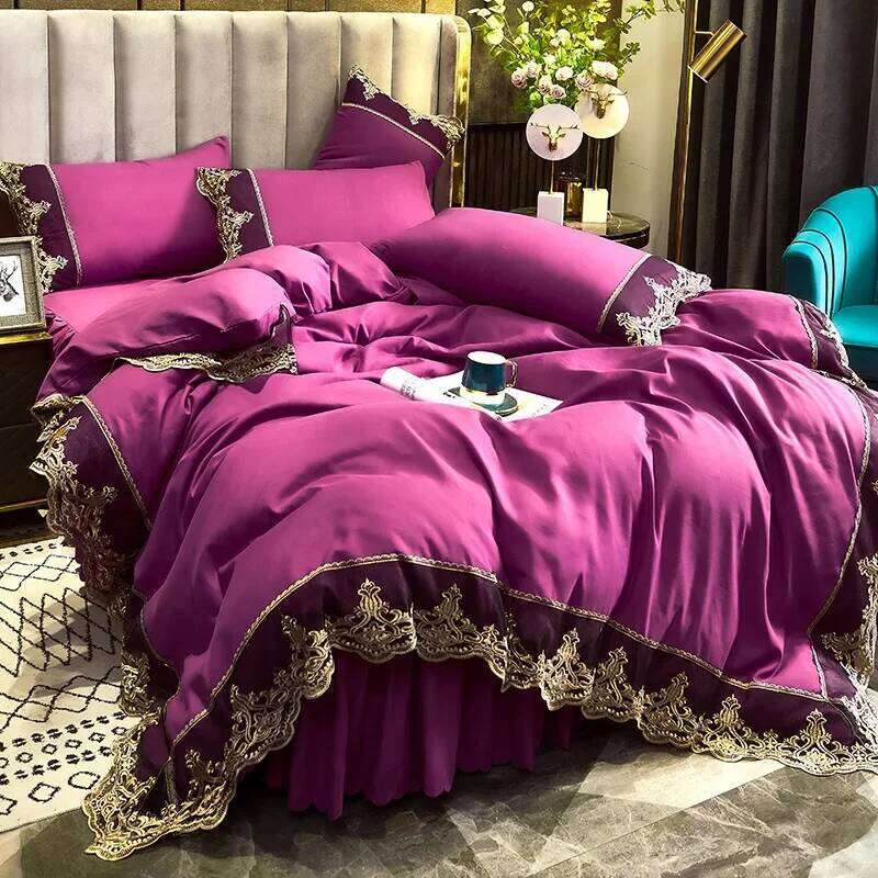 Skincare Polished Light European Style Embroidery Solid Color Lace Bed Skirt Four Piece Set H260312